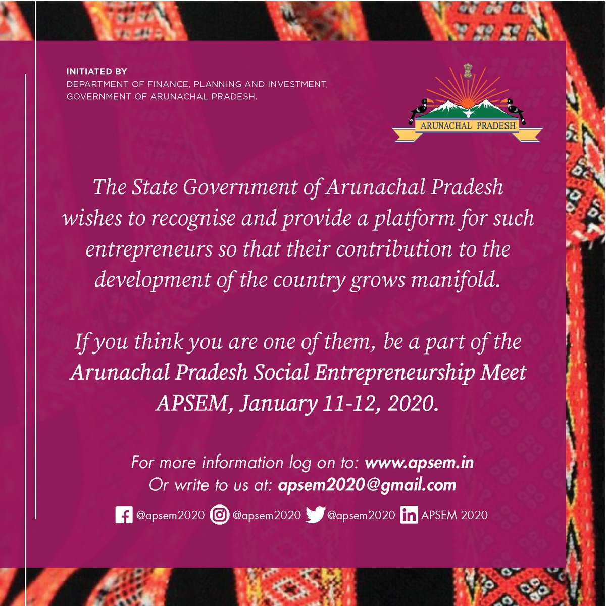 apsem2020's tweet photo. #APSEM2020 is looking for social innovators in the field of health, education, environment, gender equality and many more. If you are one, get in touch with us. To know more, visit https://t.co/dTQH7IehVK today!
#apsem #arunachalpradesh @ArunachalDIPR @ArunachalCMO https://t.co/cg5QgkBu5f