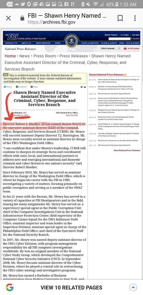 But....     But... the same Crowdstrike that didn't give the server to anybody (Fbi,Homeland Security)etc ...Shawn Henry was named FBI executive assistant director of criminal,cyber,response and service branch......by whom??? Robert"Russian Collusion)Mueller himself In 2010