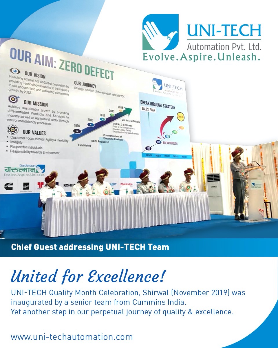 UniTech_Auto's tweet image. United for Excellence!
Uni-Tech Quality Month Celebration, Shirwal (November 2019) was inaugurated by senior team from Cummins India. Yet another step in our perpetual journey of quality &amp;amp; Excellence