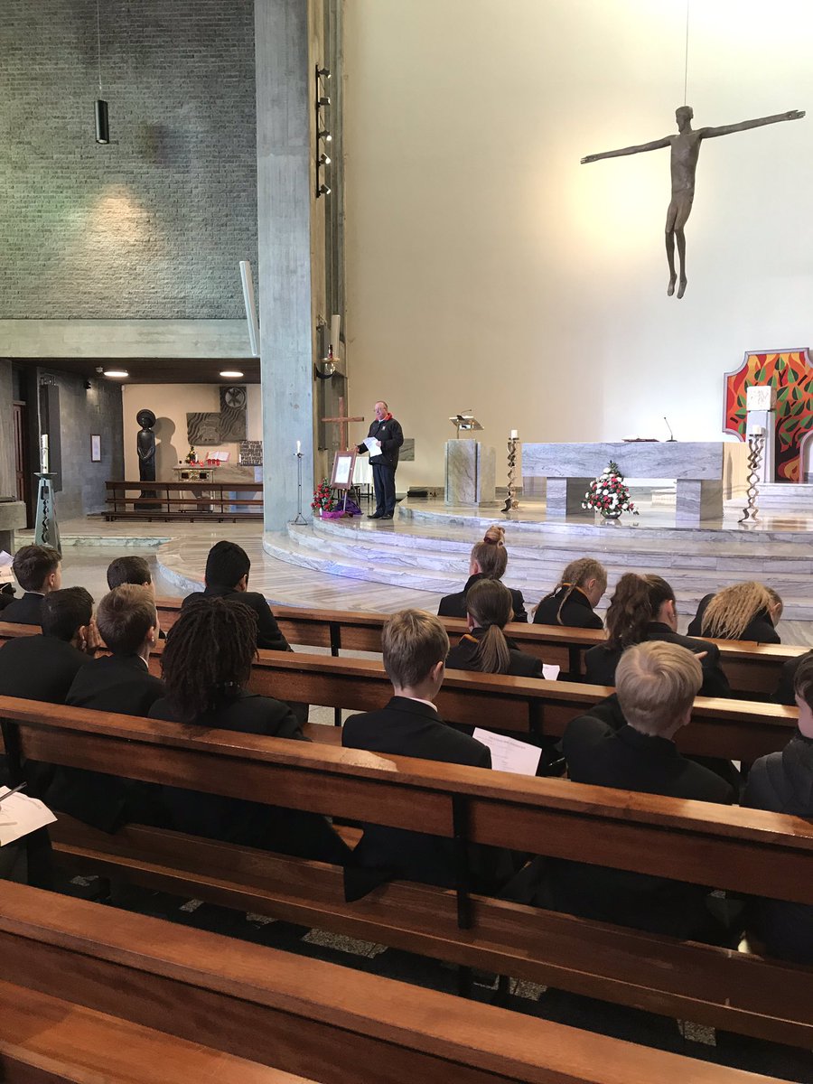 LaganRe's tweet photo. Our second church visit today was with St Bernadettes. Our students were amazed by the beautiful stained glass windows and unique sculpture of Jesus designed by Dame Elizabeth Frink. Back to school just in time for an early chip day 😊 #churchvisits2019 #churchprojects https://t.co/nPfX7lCC2S