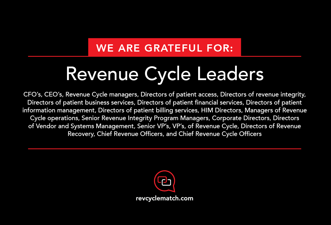 revcyclematch's tweet photo. https://t.co/EXl4qz7CTB is grateful for the revenue cycle leaders listed below! #november #thankful #healthcare #partnerships #makingmatches #RevCycleMatch #providers #vendors https://t.co/NLQPwZvyiD