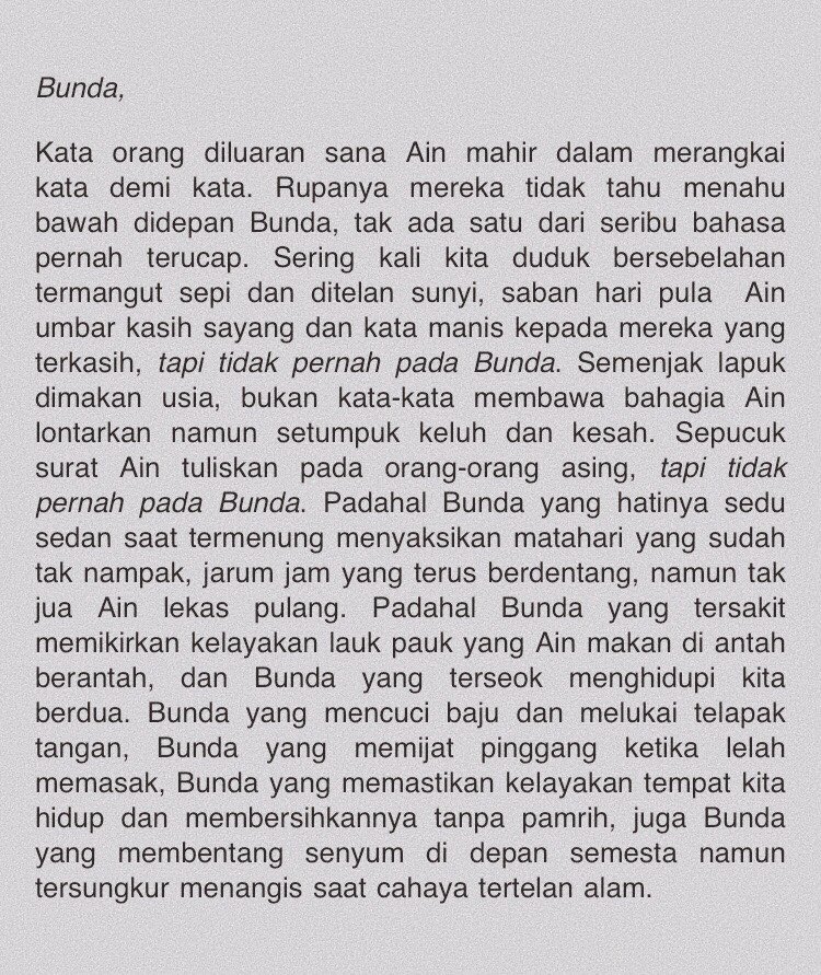 Bunda saya ada, tidak pergi kemana-mana. namun selagi masih diberi kesempatan, ada yang saya ingin saya sampaikan kepada beliau.Mas Kun, terima kasih untuk Pilu Membiru experience dan karya2 indah yang selalu memberi kenyamanan kepada orang banyak. i owe you. @KuntoAjiW