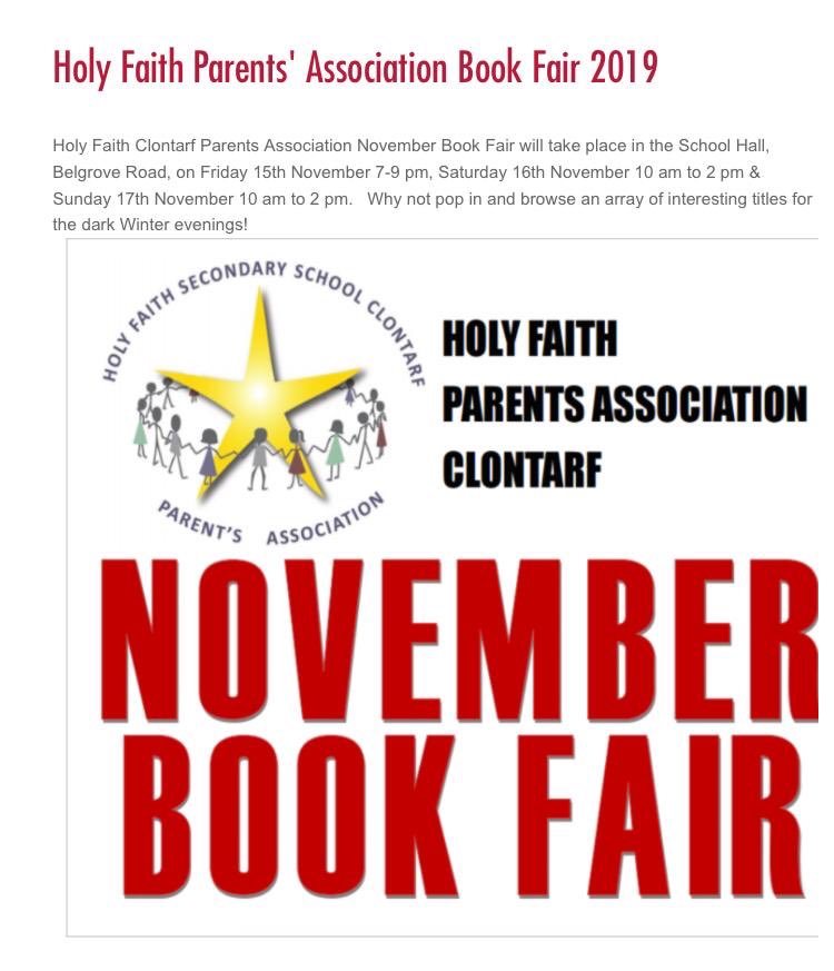 Holy Faith Parents’ Association Book Fair this weekend, details below. A lovely event for all to enjoy. Have a cup of coffee or tea as your peruse through the wonderful books on sale #forthegirl