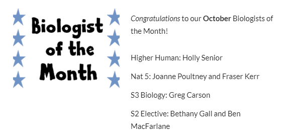CHS_Science1's tweet photo. Congratulations to our Biologists and Chemists of the Month for October! 🎃🔬⚗️🧬😎 #awesomescientists  @clydebankhigh https://t.co/jbThqigyOd