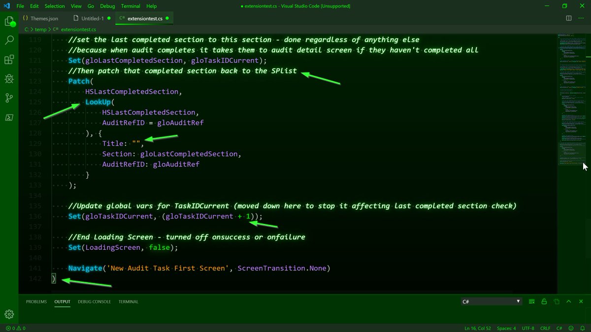 iAm_ManCat's tweet photo. #PowerAddicts - HUGE TIP - use @code! If you save the file as C# the editor will recognise it as the code formats are the same!! Get a theme that works for you or create your own. I created a matrix theme after seeing the SynthWave theme. #PowerApps - more reasons below! ๐บ๐ https://t.co/2Msf7BWDZ3