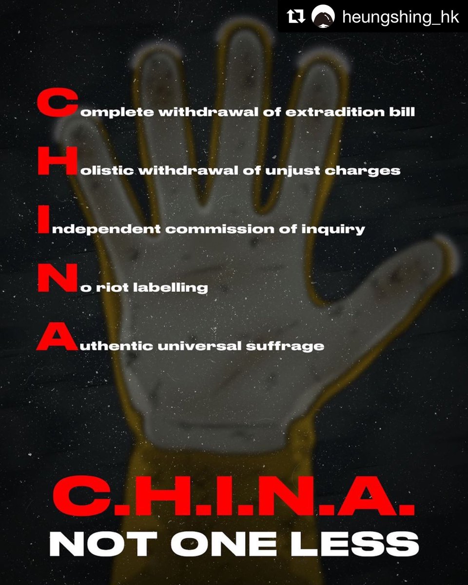 06130613_7's tweet photo. 大家一齊貼，等CHINA 都變禁字
【五大訴求，簡稱 CHINA，睇下幾時變敏感詞】
#china #hongkong
5 demands:
C: Cancel riot definition
H: Holistic pardon for all protestors
I: Independent investigation committee
N: Never raise the extradition law again
A: Authentic universal suffrage https://t.co/BSxCRw1Kub
