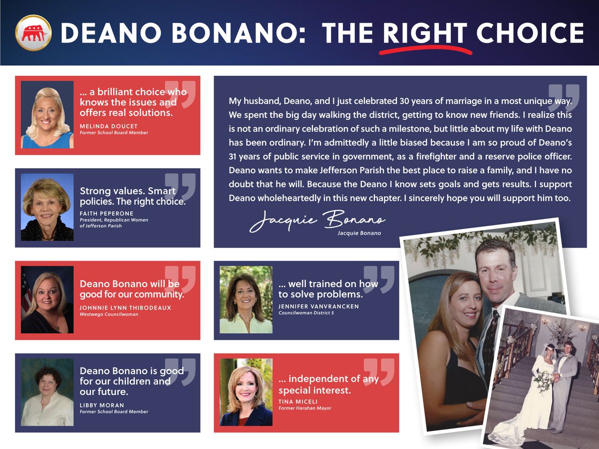 We are so appreciative of the kind words and support coming from the Republican Women of Jefferson Parish. To learn more about why they say that Deano’s “The Right Choice,” visit buff.ly/2LBRsQi #ElectDeanoBonano #DeanoBonano #TeamBonano