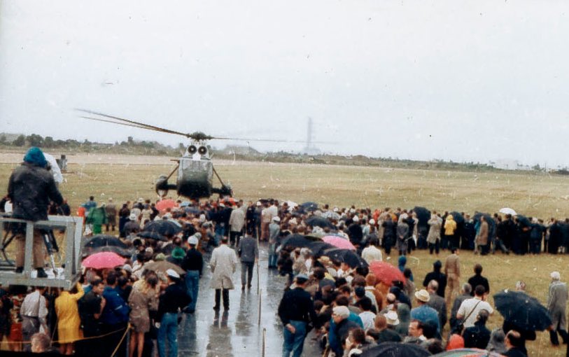 November 14, 1969: President Richard Nixon flies down to Cape Kennedy for the launch of Apollo 12, the only one he will witness in person during his presidency. Unfortunately the Saturn V—visible here in the distance—is launched in the worst weather of any Apollo mission. 1/