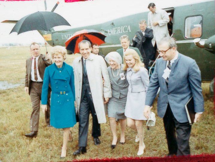 Seen arriving with the president is First Lady Pat Nixon, daughter Tricia, Maine Senator Margaret Chase Smith, NASA administrator Tom Paine and astronaut Frank Borman. 2/