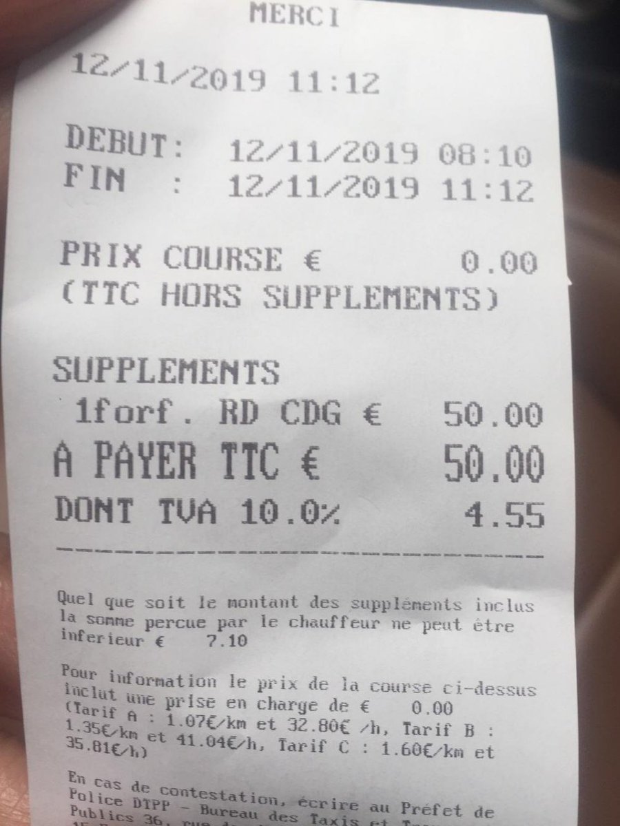 Conséquences du non-respect des engagements de l'Etat à établir de VRAIES voies bus-taxis opérationnelles toute l'année, les taxis mettent 2h, 3h et même quelquefois 4 heures àdescendre sur Paris depuis l'aéroport CDG . Preuves à l'appui de ces recus avec les temps de parcours