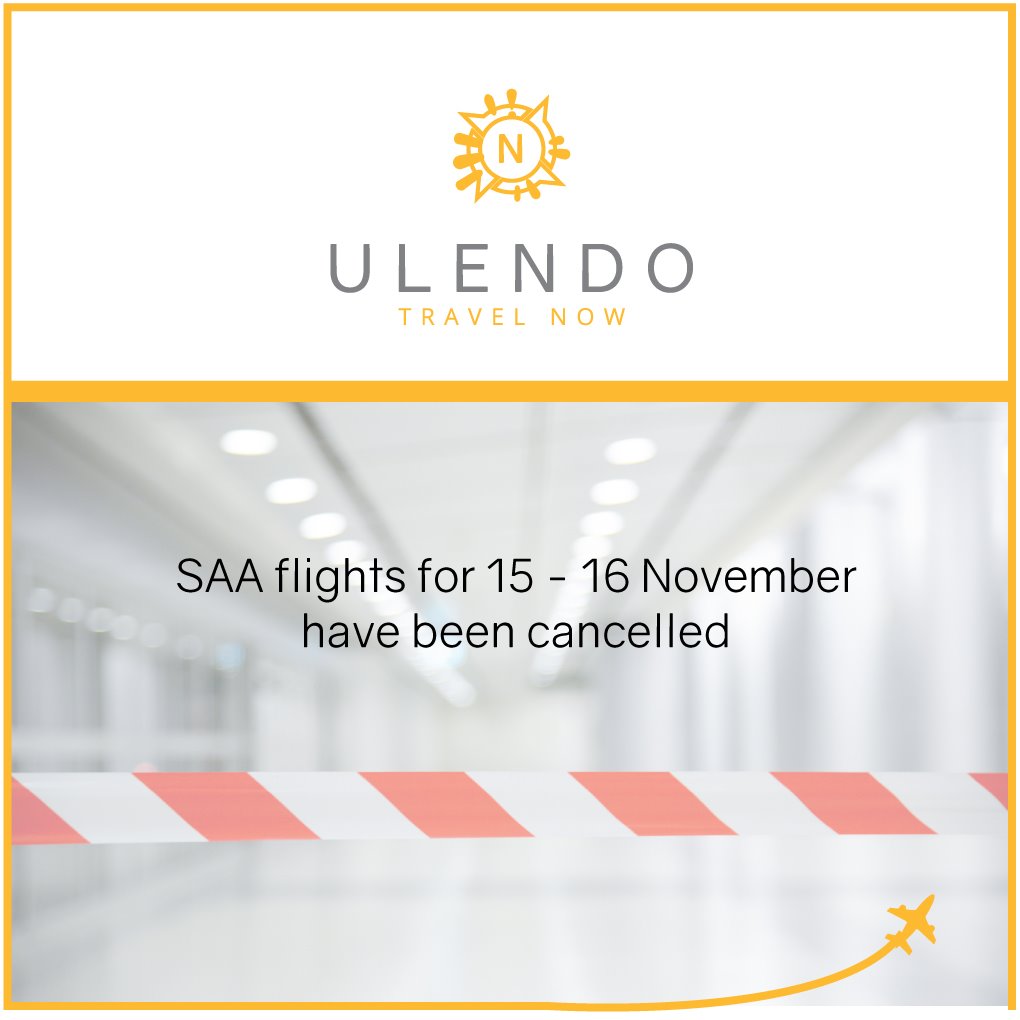 Ulendo Malawi Group (@ulendomalawi) on Twitter photo SAA has cancelled most of its domestic, regional and international flights for Friday November 15, and Saturday, November 16.
We are working with SAA to assist affected customers to either rebook their flights or make bookings with other airlines. Email reservations@ulendo.net. SAA has cancelled most of its domestic, regional and international flights for Friday November 15, and Saturday, November 16.
We are working with SAA to assist affected customers to either rebook their flights or make bookings with other airlines. Email reservations@ulendo.net.