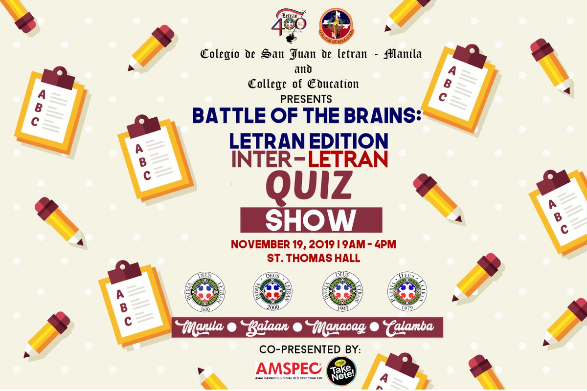 LetranOfficial's tweet photo. It will be a time of friendly competition amongst all Letran campuses as they showcase intelligence during the Inter-Letran Quiz Show happening on Colegio Week.

Which campus will win it?

#Letran400
#SiempreArriba
#LetranQuadricentennial
#GloryWithoutEnd https://t.co/FuNsVXfVFn