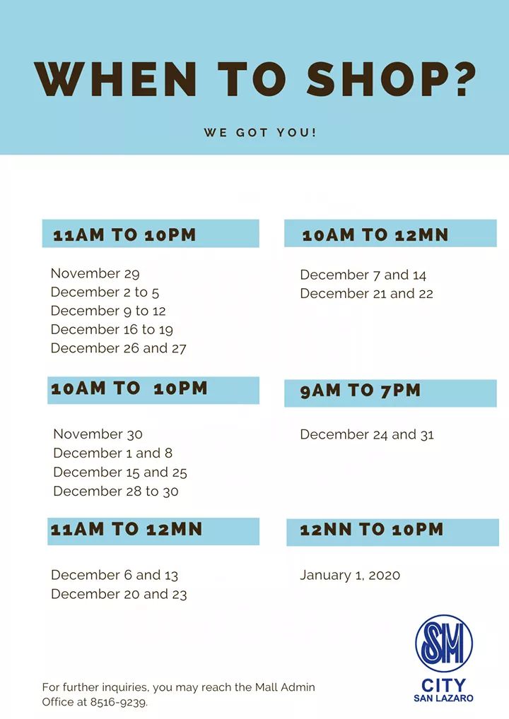 smcitysanlazaro's tweet photo. When to shop? We got you! 👇 Here's our updated shopping hours for your shopping convenience. #iLoveSMSanLazaro #iLoveSM #EverythingsHereAtSM https://t.co/ndToDLz8YG