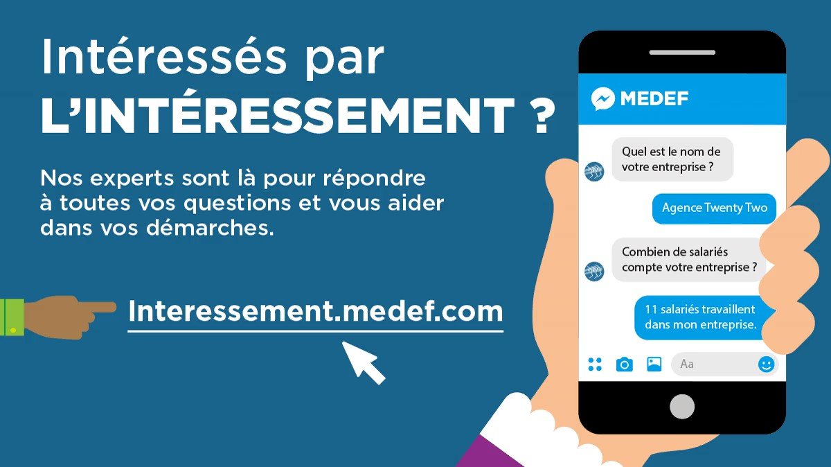 medef's tweet photo. « Intéressés par l’intéressement ? » Le @medef lance 1 dispositif pour accompagner concrètement la mise en place d’accords d’#intéressement au sein des TPE, PME et ETI. Rdv sur le compte Messenger du MEDEF et sur https://t.co/XJD6VQaeyx pour en savoir + @Amundi_FR  @NatixisIE https://t.co/wZE7JtyVk5