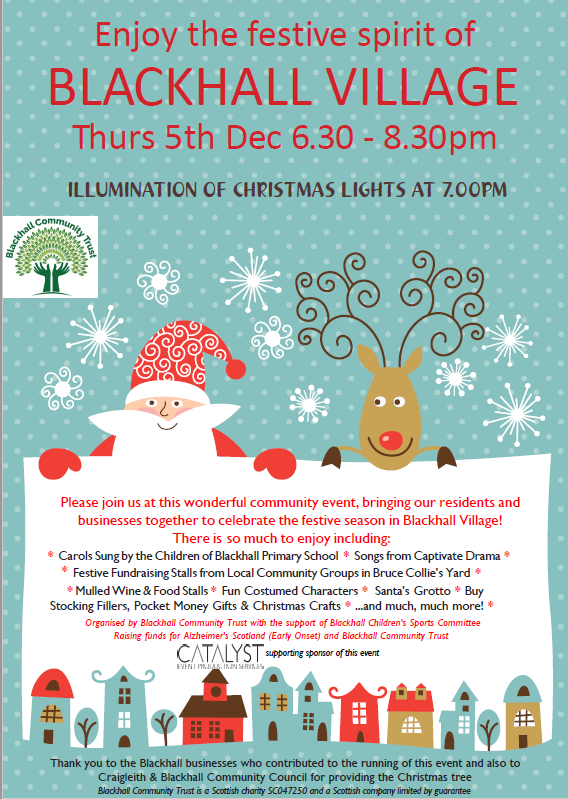 It's back! The wonderful 'Christmas in Blackhall Village' event Thurs 5 Dec 6.30-8.30pm has a fab line-up: tree light-up, <a href="/blackhallPS/">Blackhall Primary</a> children singing, stalls by local groups, businesses opening their doors, characters from Frozen &amp; much more <a href="/blackhall_csc/">Blackhall Children’s Sports Committee (BCSC)</a> <a href="/CB_CommCouncil/">Craigleith Blackhall</a>