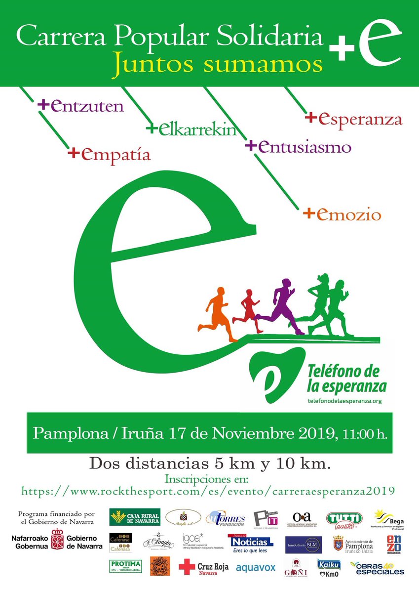 Este próximo domingo no te puedes perder otra de las citas con la solidaridad Navarra.
Carrera popular solidaria en favor del teléfono de la esperanza.
Yo ya estoy inscrito, anímate y disfruta de correr por el centro de Pamplona.
La ocasión lo merece!!!
#telefonodelaesperanza