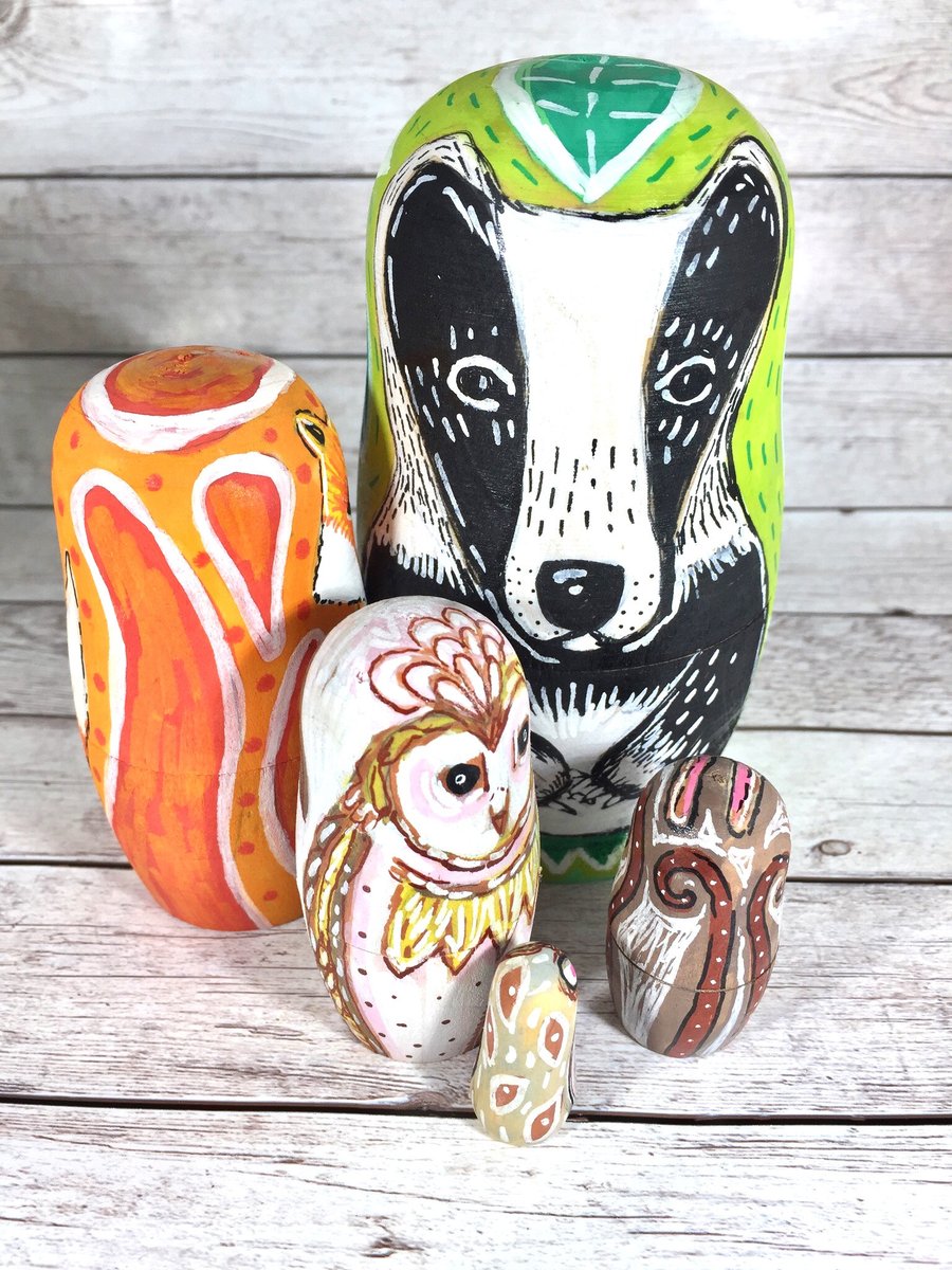 buck_lj's tweet photo. Woodland Animal Nesting Dolls, Badger, Fox, Owl, Hare and Mouse Matryoshka, Hand Painted Animals, Set of Russian Dolls, New Home Gift. https://t.co/hYpDp0voD3 #Etsy #Slumbermonkey #NatureLover https://t.co/gw52T4supk