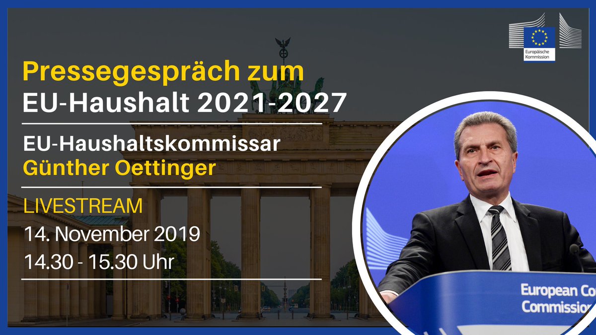 Europäische Kommission - Vertretung in Deutschland (@euinde) on Twitter photo Gleich hier live: Pressegespräch mit <a href="/GOettingerEU/">Günther H. Oettinger</a> zum #EUHaushalt. Die EU-Staaten sollten in den Verhandlungen über den nächsten langfristigen #EUHaushalt endlich vorankommen. Dafür muss sich auch Deutschland bewegen. #EUBudget x.com/i/broadcasts/1… Gleich hier live: Pressegespräch mit <a href="/GOettingerEU/">Günther H. Oettinger</a> zum #EUHaushalt. Die EU-Staaten sollten in den Verhandlungen über den nächsten langfristigen #EUHaushalt endlich vorankommen. Dafür muss sich auch Deutschland bewegen. #EUBudget x.com/i/broadcasts/1…
