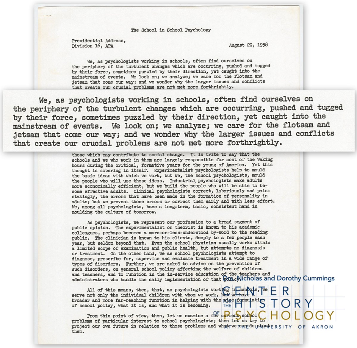 CCHPsych's tweet photo. This week is School Psychology Awareness Week @nasponline. Today’s #CCHPgem is psychologist May Seagoe’s APA Division 16: School Psychology presidential address (1958).

Her opening paragraph seems to fit SPAW’s “Find Your Focus” theme quite well. #SPAW2019 #FindYourFocus https://t.co/I7OHS0rlpl