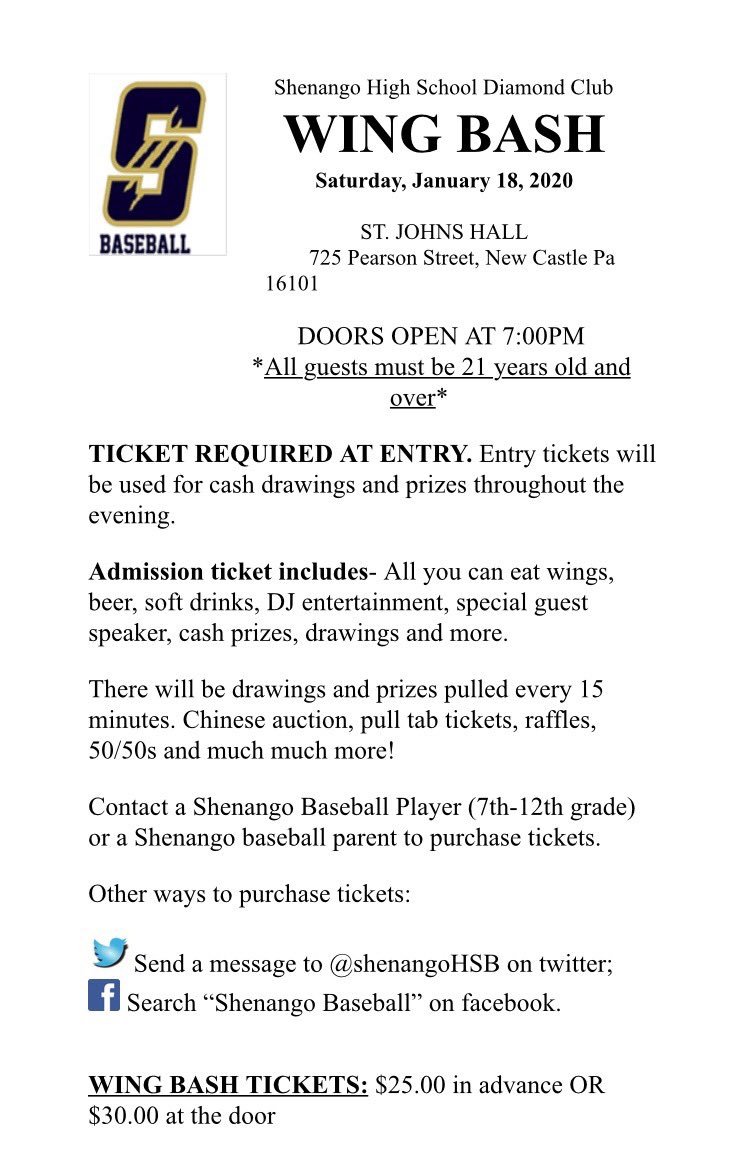 Shenango Baseball is hosting our second annual wing bash Saturday January 18. This helps support our program with technology, equipment and experiences that bond and build our players into young men that can impact our community. We appreciate all support! #welcometotheculture