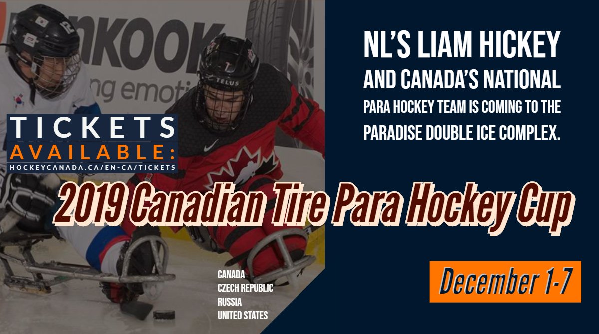 townofparadise's tweet photo. The @HC_ParaCup featuring NL's Liam Hickey and the Canadian National Para Hockey Team &amp; the Worlds Best Para Hockey Players is less than 3 weeks away.
🏒 December 1-7, Paradise Double Ice Complex
🎟️ https://t.co/rQYK5cmVn2 https://t.co/lXKE3VRBJx