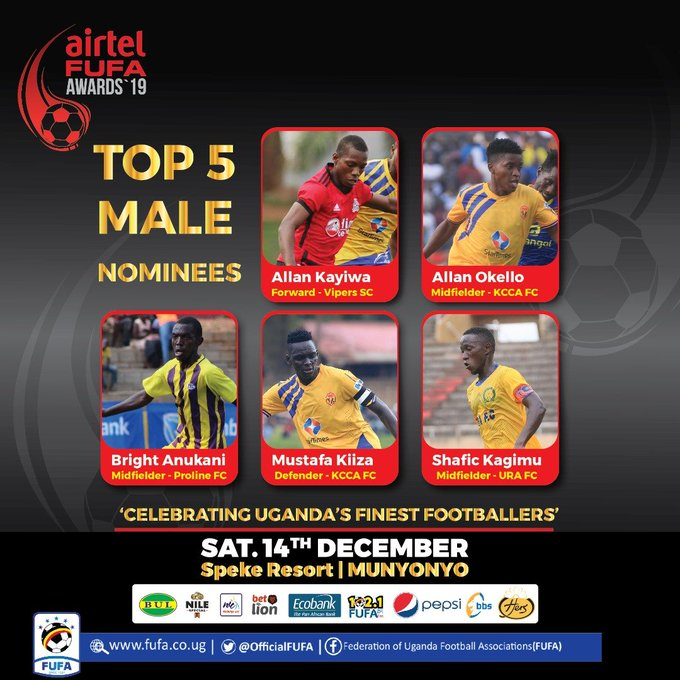 CephasTendereza's tweet photo. The Final MALE Nominees for the ##AirtelFUFAAwards have been named:

✔️@11Kayiwa - Vipers SC
✔️ @AllanOkello8 - KCCA FC
✔️ @KagimuShafik8 - URA FC 
✔️ @BrightAnukani14 - Proline FC 
✔️ @kizza_mustafa - KCCA FC 

✍️The Awards will be held on Saturday, 14/12/2019 @MunyonyoResort https://t.co/hIj65A1Joh