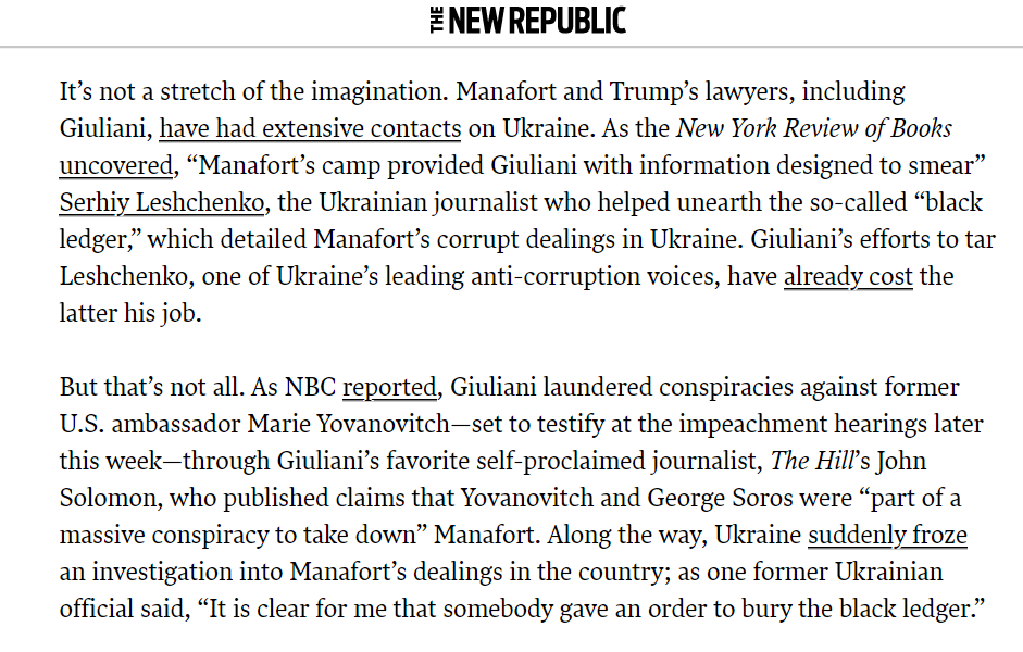 Manafort's name keeps popping up time and again whenever new details of Giuliani's efforts in Ukraine spill out. And it's already had an effect: Giuliani's smears keep costing leading anti-corruption voices in Ukraine their jobs, including those who unearthed Manafort's crimes.