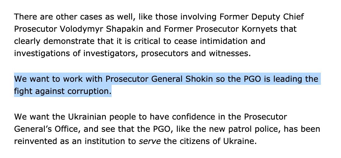 George Kent said that Amb. Pyatt made a speech in Sept. 2015  and that it was clear the U.S. was "pushing for Shokin's ouster."Transcript of Pyatt's speech says the U.S. wanted to work with Shokin in the fight against corruption.Speech:  https://web.archive.org/web/20150926092251/http://ukraine.usembassy.gov/statements/ambpyatt-odesa-finforum-09242015.html