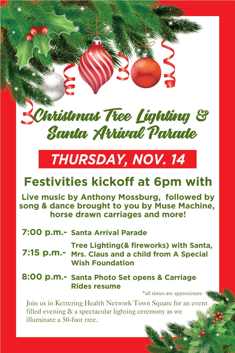The_Greene's tweet photo. Tonight!!!  11/14  Annual Christmas Tree Lighting &amp; Santa Arrival Parade!  6pm - Kick off!  7pm Parade (tree lighting following parade). https://t.co/e9yFVrNG0C