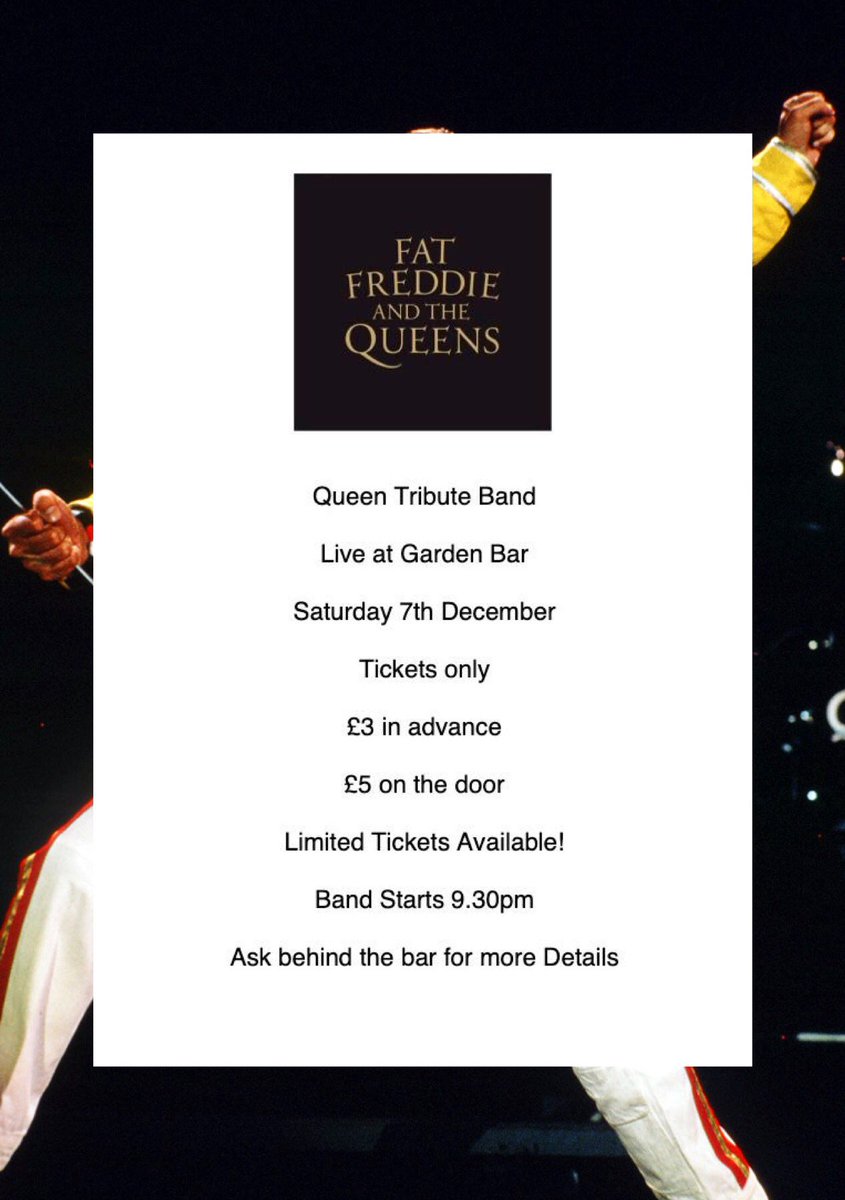 Very excited to announce Fat Freddie &amp; The Queens - Queen Tribute Band will be live at the Garden Bar on Saturday December 7th! 

This is a ticketed event so please enquire via private message or behind the bar if you’d like to buy some.       👑 👑 👑 #Eastbourne