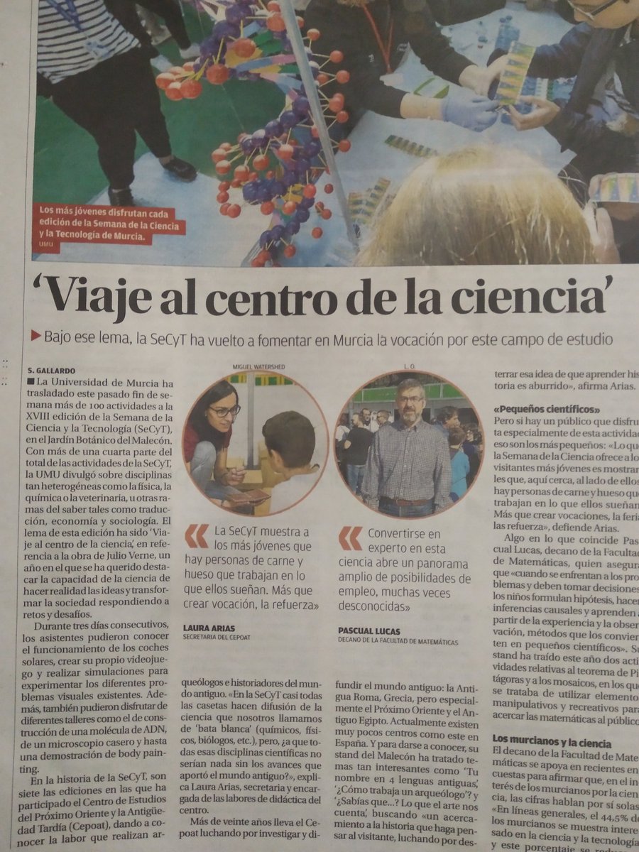 cepoat's tweet photo. Mil gracias a @diariolaopinion por hacerse eco del paso de #cepoat por la #secyt19 #secyt19umu en su sección de #paraninfo 

Somos #mundoantiguo #arqueología #difusión #OrgulloUMU 
@eltiempolate https://t.co/Yndhd82DnW