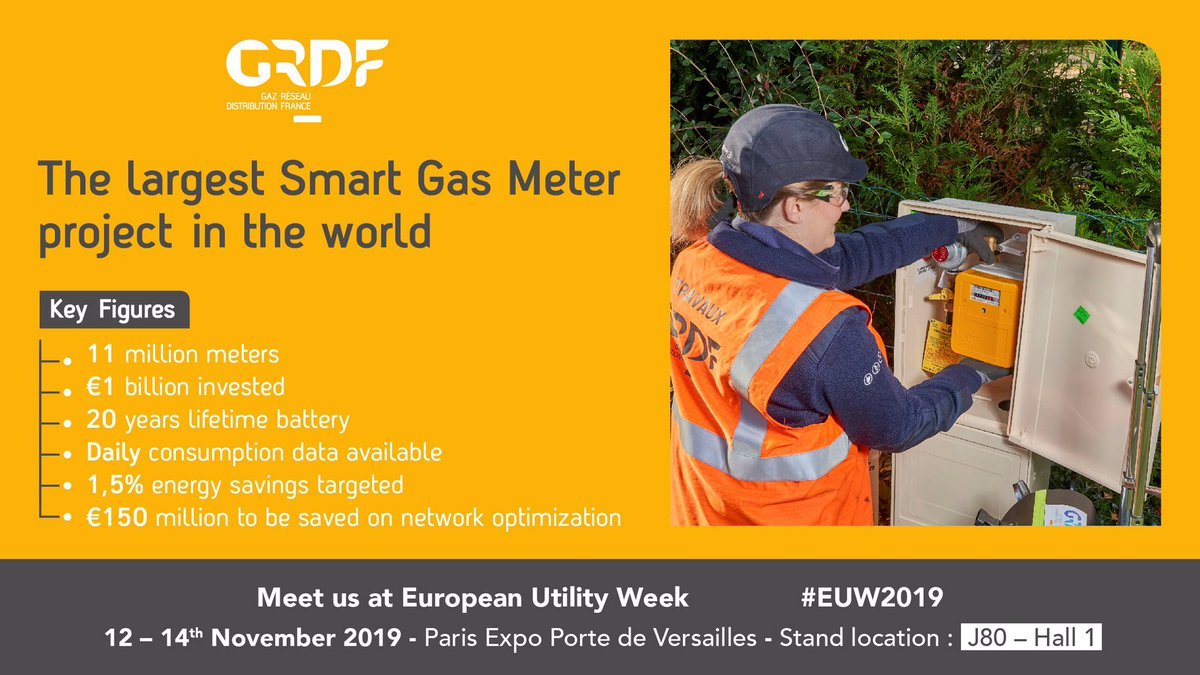 Enlit_Europe's tweet photo. The largest #SmartGasMeter project in the world is underway since 2017. As part of its role as a public services provider, @GRDF targets its 11 million customers with free access to their #NatGas consumption #data.
#DSO #EnergyEfficiency #IoT #SmartGasGrid #CleanEnergyEU #EUW19 https://t.co/Gtzgqo0xj5