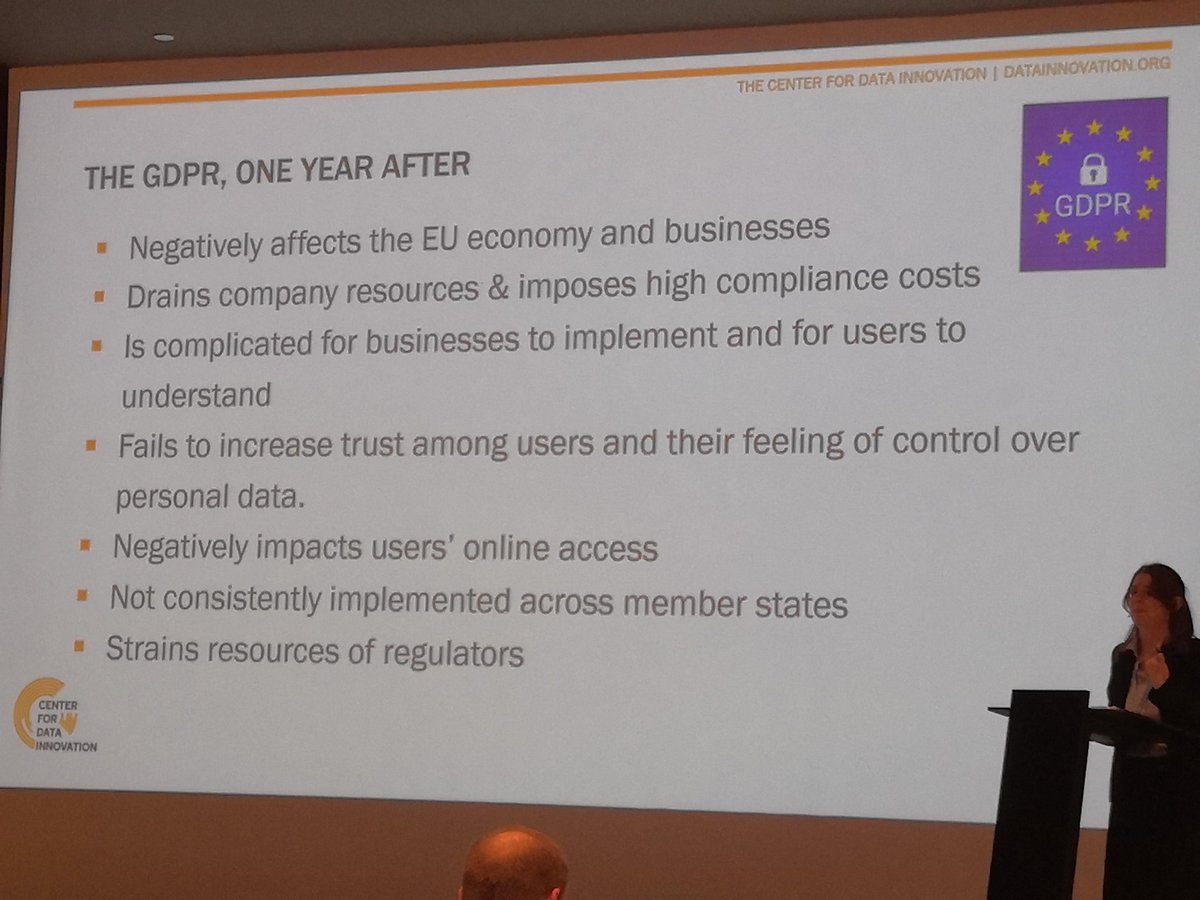 BDKAdvokati's tweet photo. Eline Chivot (Center for Data Innovation, Brussels) explains why GDPR has not proved to help development of new technologies in Europe.
#PrivacyDataProtection2019 https://t.co/hZWuxTGHia