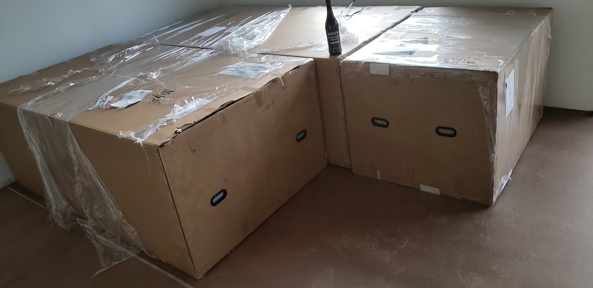 Tile guys start working upstairs today. And the new   #HozayCinema couches arrived. The top grainiest, blackest, Italianest leather.