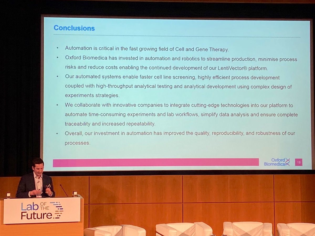 Vision for lab of the future at <a href="/OxfordBiomedica/">OxfordBiomedica</a> combines #automation with software partners such as <a href="/synthace/">Synthace</a> and <a href="/Microsoft/">Microsoft</a>

Crucially: quality, #reproducibility and robustness improved via investment in automated processes
- André Raposo

#LaboftheFuture2019 #AdvancedTherapies