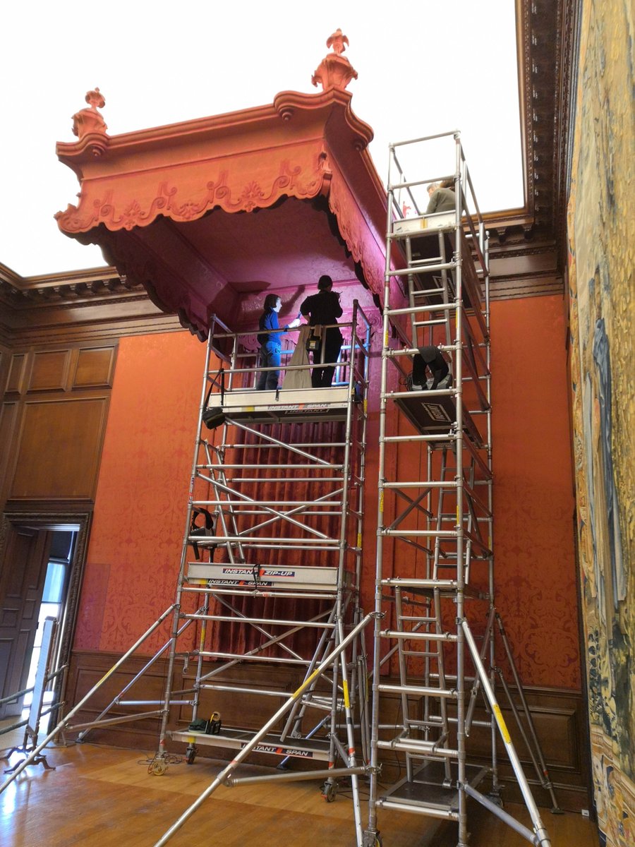 HRPConservation's tweet photo. A different perspective from a day in the studio: we have been climbing up 5 m and 95 cm to check the condition of this 1715 Throne Canopy, made of 21 textile components. Can you spot us? #TextileConservation #notscaredofheights #bestview #damasklover https://t.co/ujSLlHXuCn