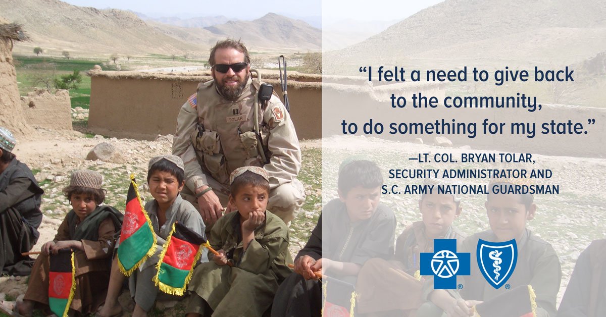 bcbssc's tweet photo. With 27 years (and counting) in the @SCNationalGuard, Lt. Col. Bryan Tolar is now helping connect #veterans and military personnel to BlueCross: https://t.co/1g10FtCj0o. https://t.co/8IuvHsGWsq