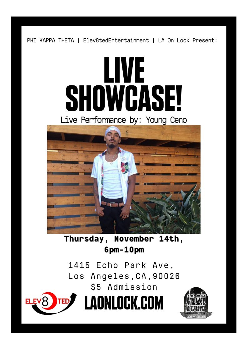 LAOnLock's tweet photo. TONIGHT!
Live Showcase!
Where: 1415 Echo Park Ave, Los Angeles, CA 90026
$5 Admission
Live Performances by: #YoungCeno #PeaMcGee #SteveDaMar #TheyCallMePYT & more!
#PookieFnRude will also be serving his #PookiePlates!
#LAOnLock https://t.co/ITZ3VOEgaF