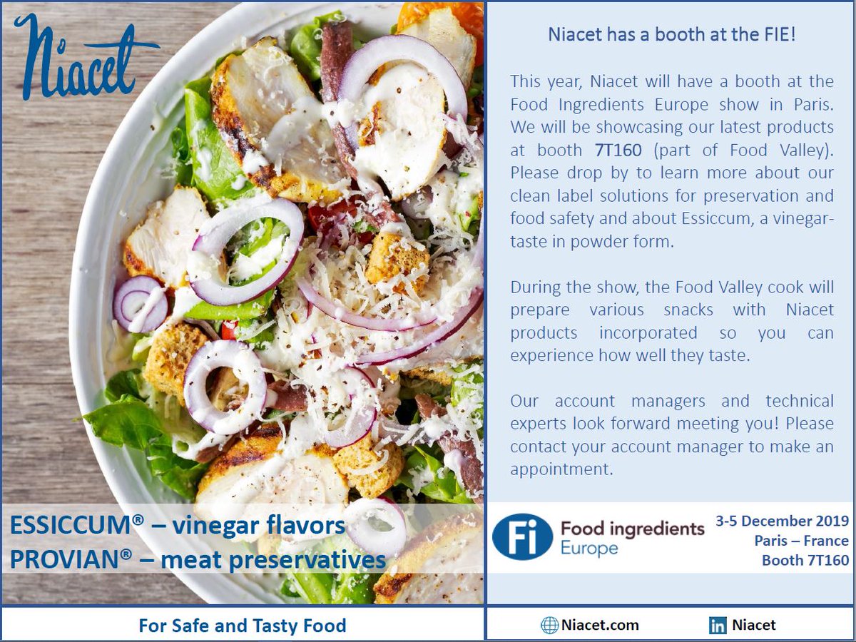 We'll be at #FiEurope19 at booth 7T160! Visit us to learn more about our #cleanlabel solutions &amp; sample snacks with Niacet products prepared by our chef.