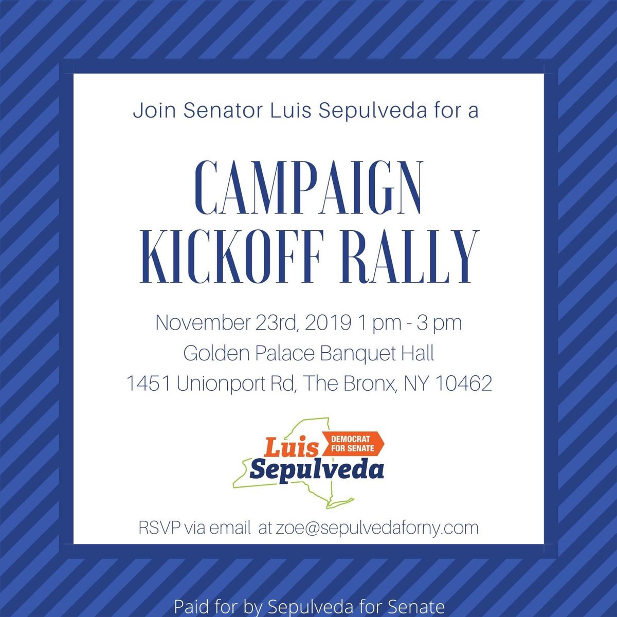 Inbox: <a href="/LuisSepulvedaNY/">Luis Sepúlveda</a> kicks off his 2020 state Senate re-election campaign on Saturday Nov. 23 at the Golden Palace in Parkchester (The Bronx), 1-3 PM.