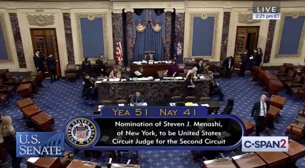 C-SPAN screen shows final vote total for Steven Menashi’s confirmation: 51-41.