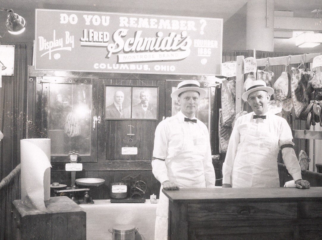 SchmidtsCbus's tweet image. #ThrowbackThursday: George F. Schmidt with the Schmidt’s sales manager in front of a display at the National Meat Association in Chicago.