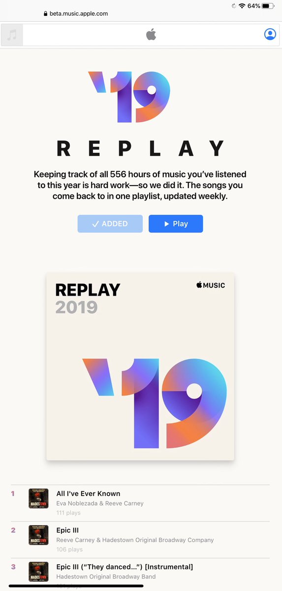 absallom's tweet photo. Pulled up @AppleMusic’s new Replay feature: over 556 hours in 2019, happy to say @hadestown took the top 39 spots on my list. ❤️🌺 https://t.co/hPuoEORUDX
