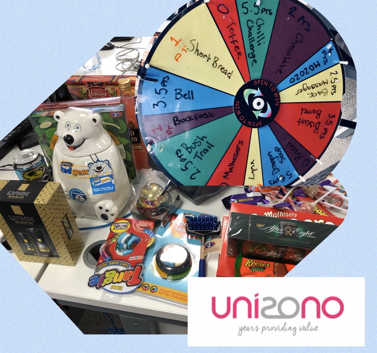 Unisono8's tweet photo. Midweek goodies won by our Sales Team yesterday ππ #teamincentives #funatwork #spinthewheel https://t.co/PFrfOzi04n