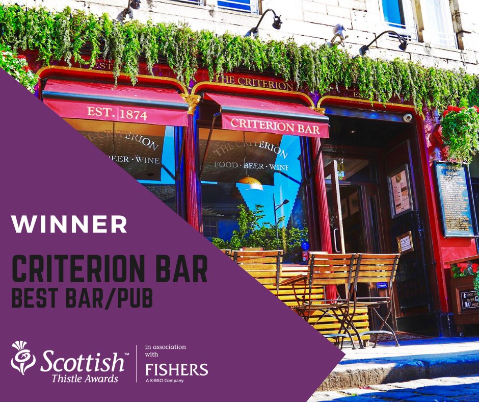 VisitScotNews's tweet photo. The Best/ Bar Pub award for Central, Fife &amp; Tayside goes to Criterion Bar in St Andrews @CriterionBar #ThistleAwards https://t.co/c82shzs8uy