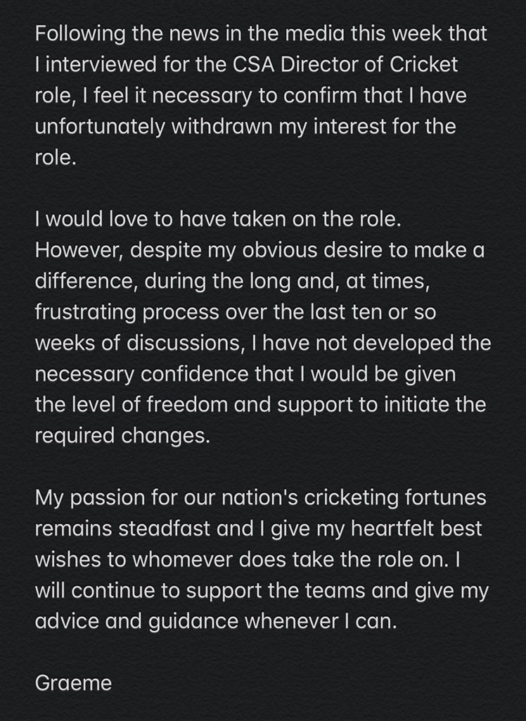 GraemeSmith49's tweet image. Please see my statement below on the Director of Cricket role for Cricket South Africa