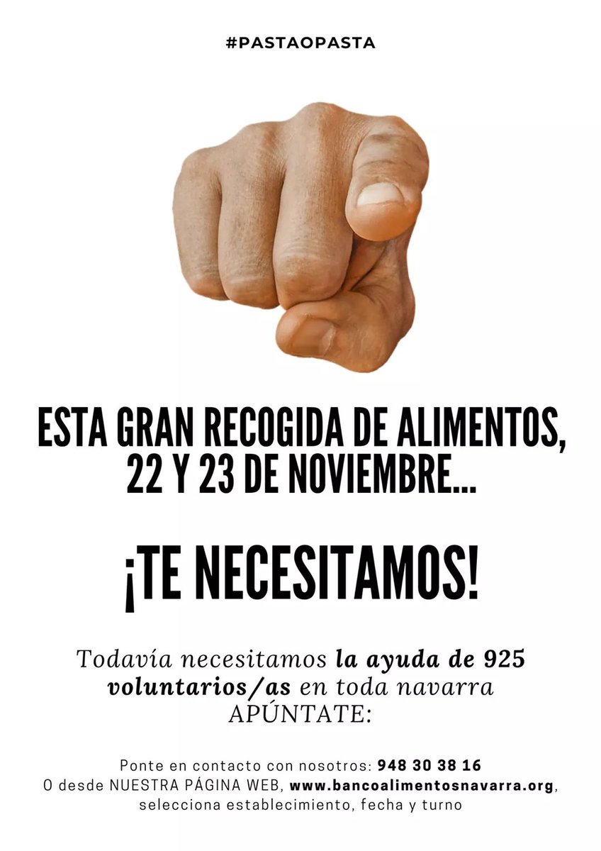 👉 ESTA GRAN RECOGIDA DE ALIMENTOS, 22 Y 23 DE NOVIEMBRE... ¡TE NECESITAMOS!

Todavía necesitamos la ayuda de 925 voluntarios en toda navarra APÚNTATE: 

▶️ Ponte en contacto: 948 30 38 16
▶️ O desde NUESTRA WEB, bancoalimentosnavarra.org, selecciona establecimiento, fecha y turno