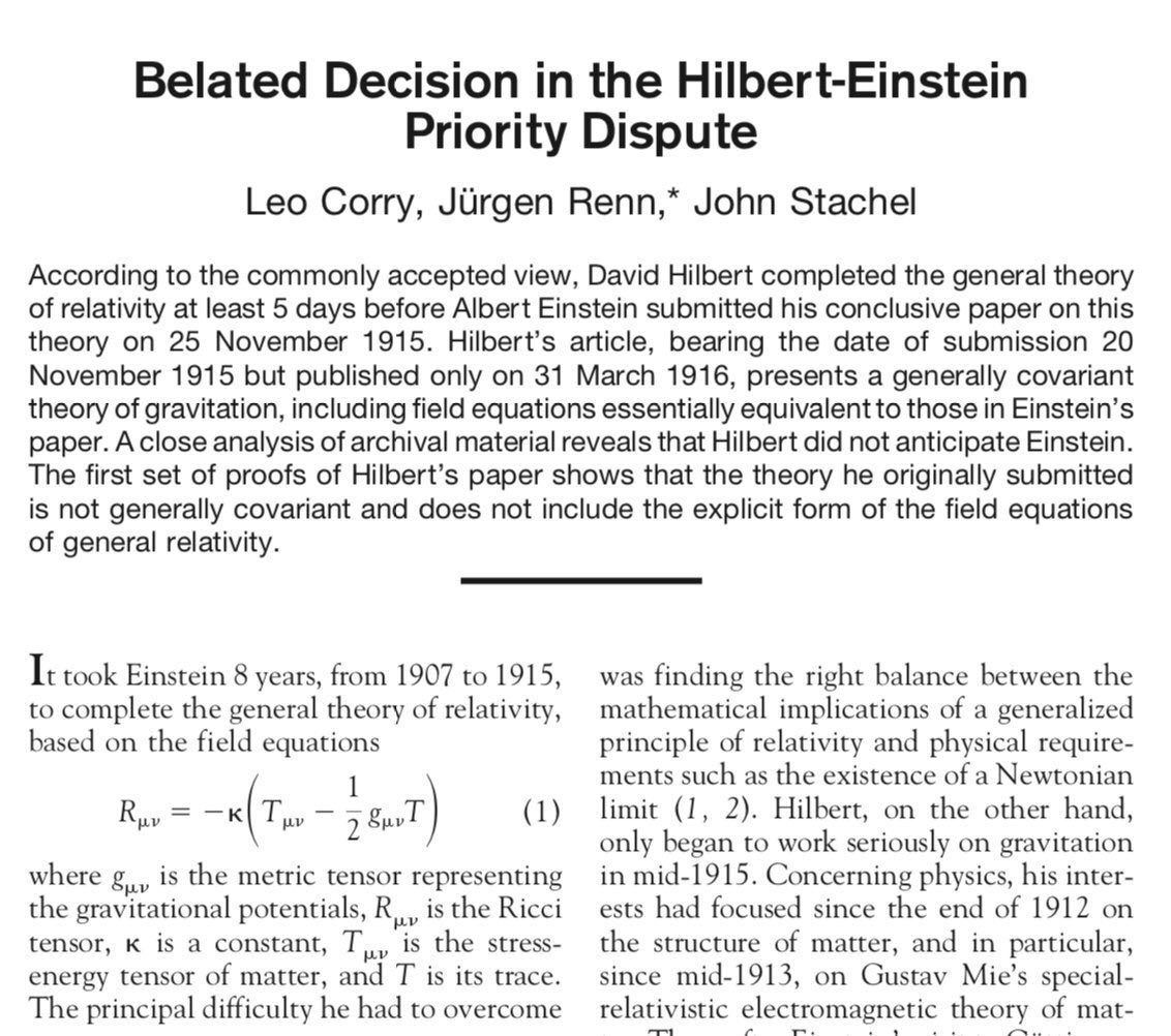 Corry, Renn, & Stachel resolved the question of priority  #OTD in 1997. They uncovered a previously unknown printer's proof of Hilbert's draft. It was missing two key elements which Hilbert did not incorporate until after  @AlbertEinstein's paper appeared! https://science.sciencemag.org/content/278/5341/1270