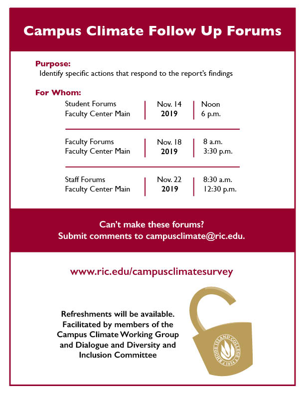 UnityCenterRIC's tweet image. RIC students, we want to hear what you thought of the campus climate survey results, come join us at one of the two forums today. 12 and 6 in Faculty Center Main. Free food!