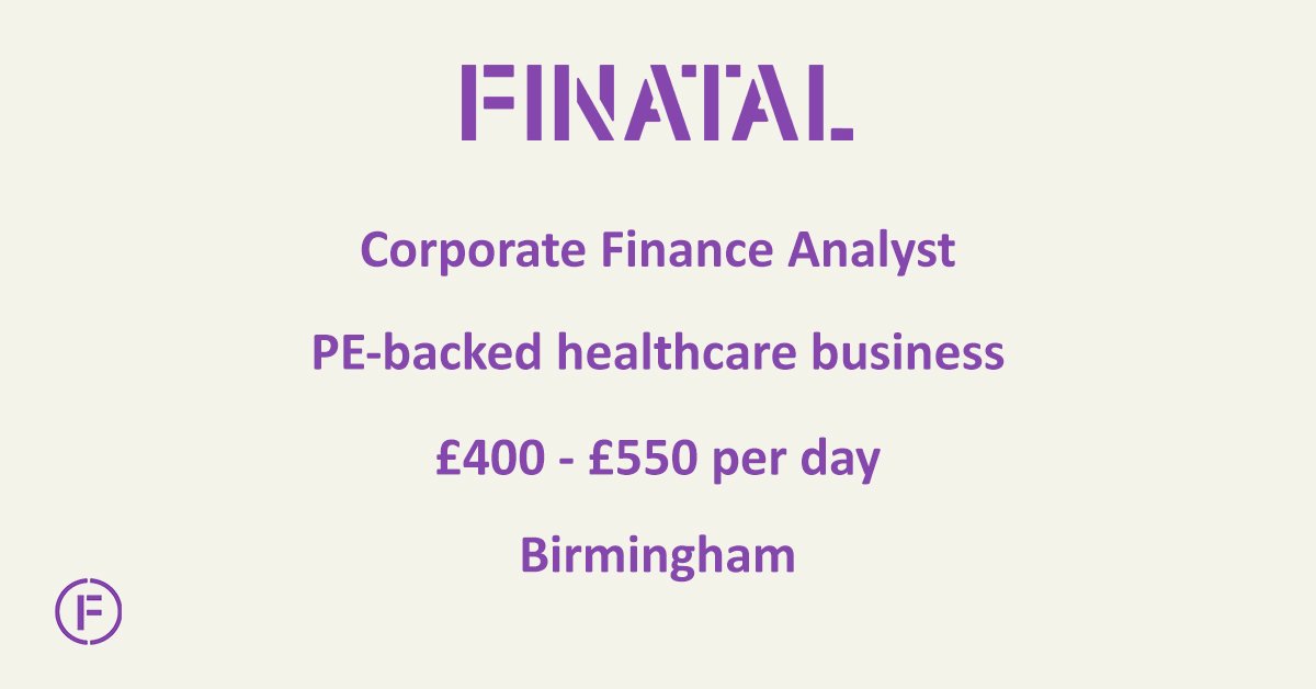 Finatal_'s tweet image. Corporate Finance Analyst, private equity-backed healthcare business, £400 - £550 per day, Birmingham. Get in touch with Bradley Monk on 020 7467 2550 or email bradley.monk@finatal.com to discuss this role further or to find out more. bit.ly/35bVnsT #financeanalyst